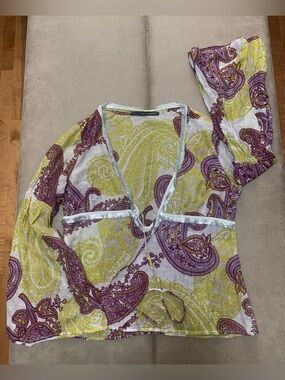 Atos Lombardini Paisley Soft Sheer Silver Trim Boho Top Made In Italy Size 44